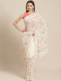 Pastel Georgette Saree With Multicolor Resham Embroidered Floral Jaal & Swarovski Crystal Border