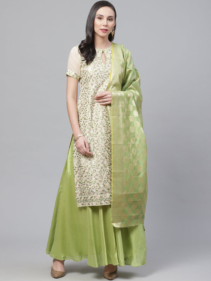 Chanderi Dress Material with  Resham Embroidery & Woven Banarasi Dupatta