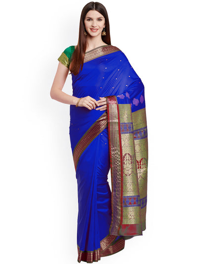 Chhabra 555 Electric Blue Handloom Zari Banarasi Silk Saree with contrast maroon blouse and border