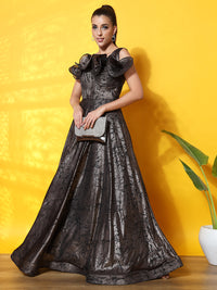 Chhabra 555 Textured Flowy Cocktail Gown with Structured Ruffled Yoke and Assymetrical Straps
