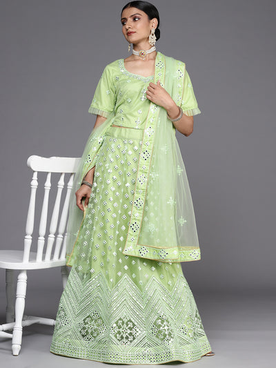 Chhabra 555 Semi-Stitch Pastel Green Resham Embroidered & Mirror Embellished Chevron Net Lehenga Set