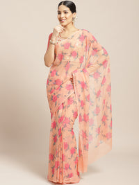 Pastel Peach Summer Chiffon Saree with Contemporary Floral Prints and Gold Zari Border