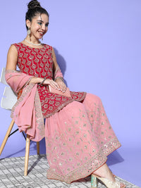 Chhabra 555 Fuchsia Pink Sequence & Gold Zari Emboidered Peplum Kurta Sharara Dupatta Set