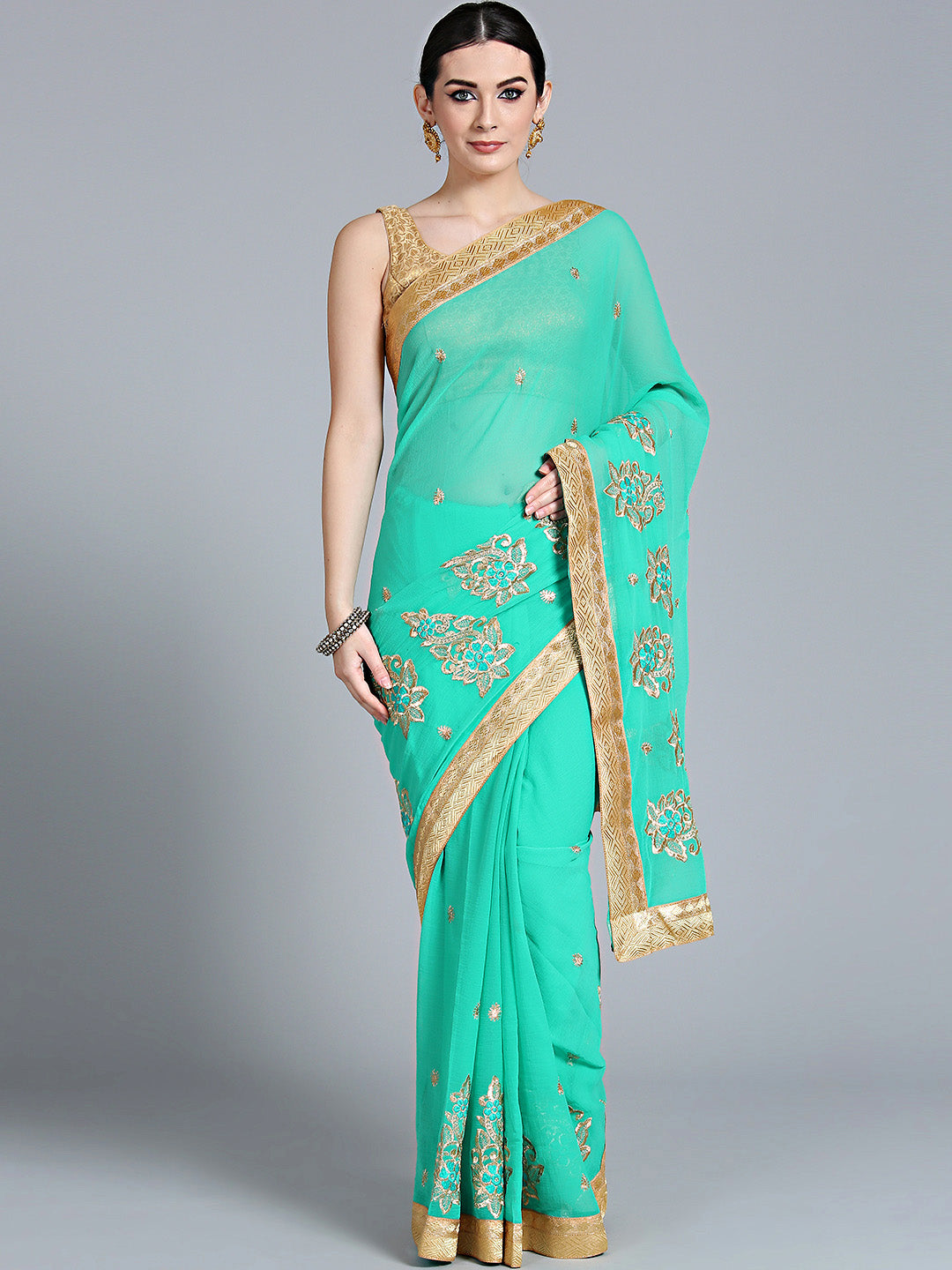Chhabra 555 Teal Resham & Zari Embroidered Georgette Saree with floral motifs