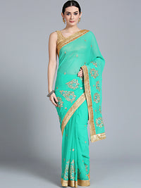 Chhabra 555 Teal Resham & Zari Embroidered Georgette Saree with floral motifs