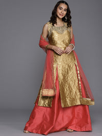 Made to Measure Pink Silk Lehanga with Long Front Slit Brocade Kurta & Net Dupatta