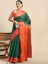Chhabra 555 Green Banarasi Zari Woven Embellished Copper Silk Saree With Contrast Rich Pallu