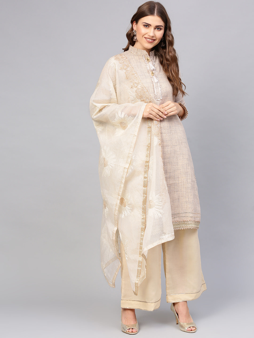 Chhabra 555 Made to Measure Beige Printed Gota Embellsihed Kurta with Resham Embroidered Dupatta and Pallazo