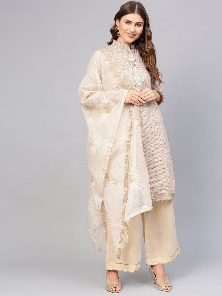 Chhabra 555 Made to Measure Beige Printed Gota Embellsihed Kurta with Resham Embroidered Dupatta and Pallazo
