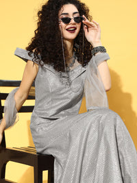 Grey Bling Barbie Crystal Embroidery Flared Gown