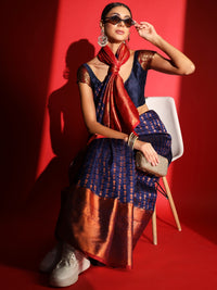 Chhabra 555 Navy Blue Banarasi Silk Saree with Copper Zari Weaving & Broad Contrast Border