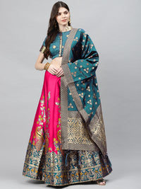Teal Blue & Magenta Pink Dyed Semi Stitched Banarasi Lehenga Choli Set