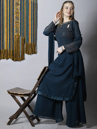 Chhabra 555 Navy Blue Bright Stylized Embellished Kurta, Flared Palazzo & Dupatta Set