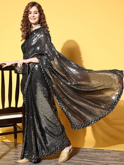 Chhabra 555 Metallic Shimmering Sequin Embellished Saree with Cut-work Chevron style border