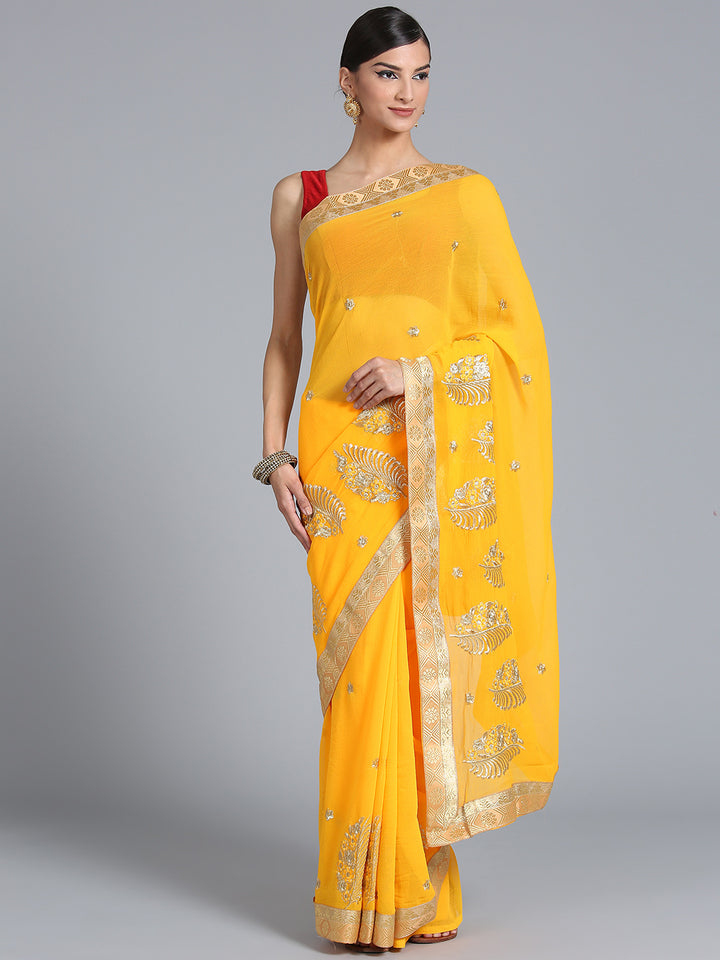 Chhabra 555 Lemon Yellow Resham & Zari Embroidered Georgette Saree with floral motifs