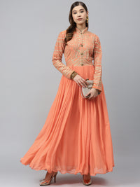 Made to Measure Pastel Peach Flared Embellished Gown with Gold Thread Embroidery on Yoke