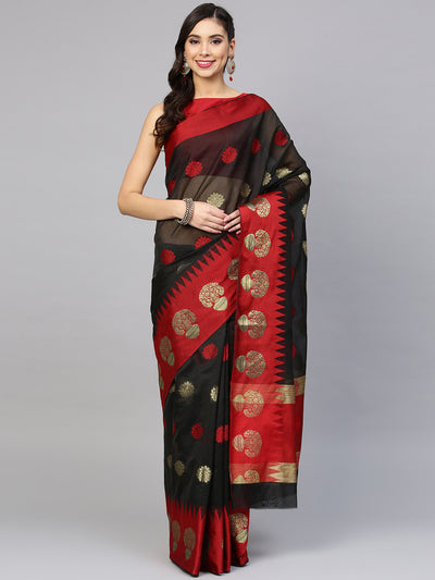 Chhabra 555 Black Chanderi Silk Handloom, Hand Woven,Floral Banarasi Tample Zari Weav Border Saree  