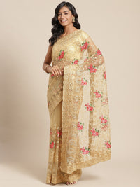 Resham Embroidered Saree with Scalloped border, Zari paisleys and crystal Embellishments