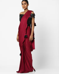 Made to Measure Maroon Ruffled Saree &  Black Sequence Off-Shoulder Embellished Blouse