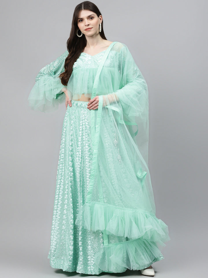 Pastel Brasso Embellished Lehenga Set with Peplum Style Ruffled blouse & Frilled dupatta