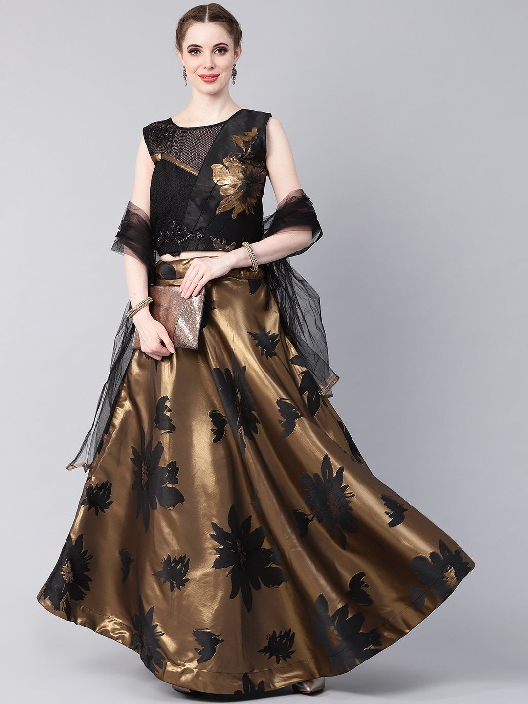 Chhabra 555 Made-to-Measure Crop Top Lehenga Set with Crystal Embellishments and Metallic Foil Print