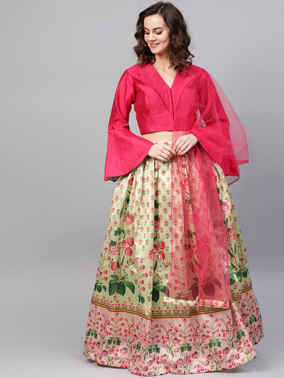 Chhabra 555 Made-to-Measure Digital Print Lehenga Set with flared jacket style bell sleeves crop top blouse