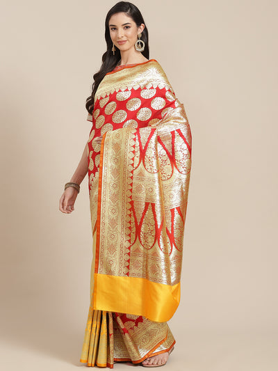 Chhabra 555 Red Kanjeevaram Wedding Silk Saree With Gold  Ethnic Weaves & Mustard Contrast Pallu

Color: Red & Mustard

Type: Kanjeevaram Sarees

Pattern: Woven Design

Pattern Type: Ethnic Motifs

Ornamentation: Zari

Border: Zari

Fabric: Silk Blend

Saree: 5.85 mtr., Width: 1.15 mtr, Blouse: 0.90 mtr
Dry Clean

The CAD image gives a detailed look of the actual blouse piece that comes with this saree. The blouse used by the model in the pictures is only for styling purpose.