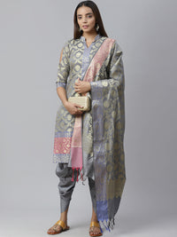 Handloom Chanderi Dress Material with Gold Floral Weave Pattern & Banarasi Duppatta