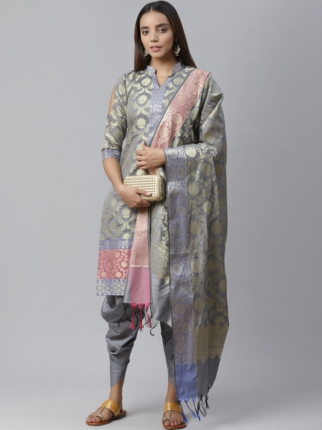 Handloom Chanderi Kurta Sets with Gold Floral Weave Pattern & Banarasi Dupatta