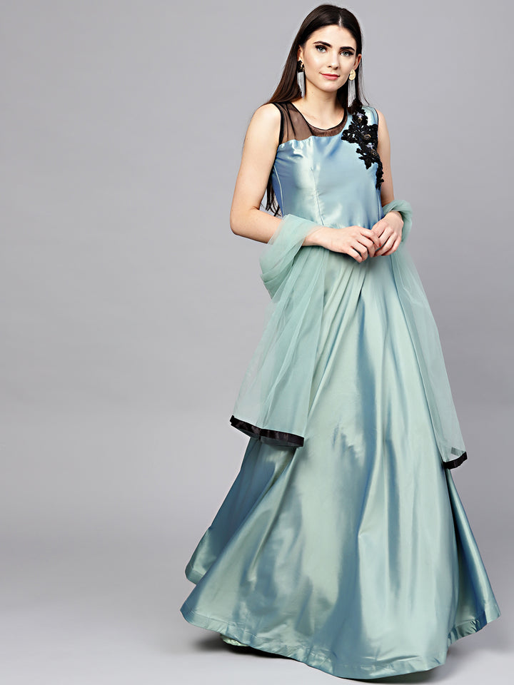 Chhabra 555 Teal Embellished Flared Gown with Applique Embroidery and matching dupatta