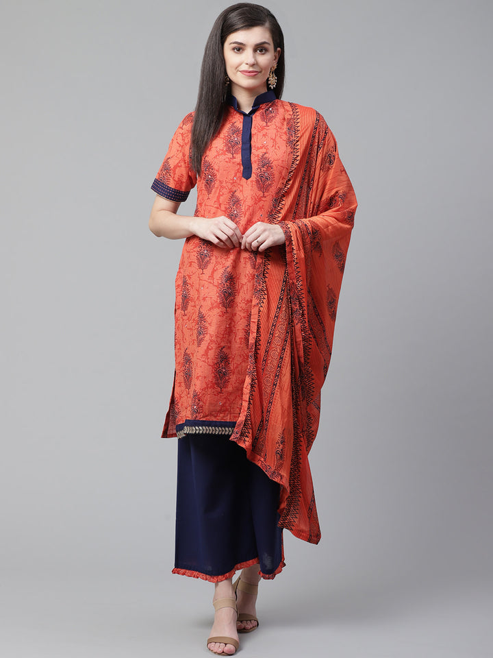 Cotton Stitched Suit Dupatta with Block Printing and Mirror Embellishments /Borders