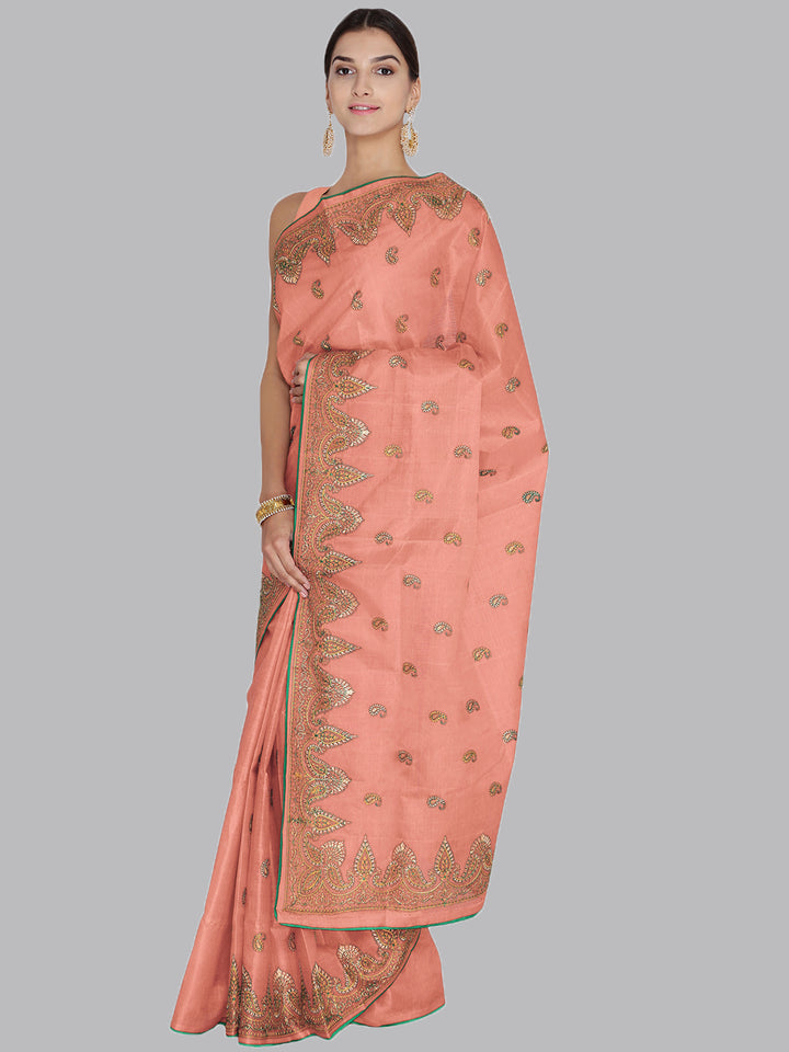 Strawberry Pink Color Tussar Silk Saree with Resham Embroidery