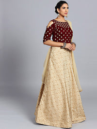Chhabra 555 Maroon & Gold Micro & Jacquard Silk Hand Embroidered Stitched Lehenga Choli With Net Dupatta