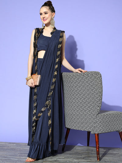 Chhabra 555 Pre - Stitched Draped Navy Blue Ruffles Lycra Saree With Sequence Embellished Jacket