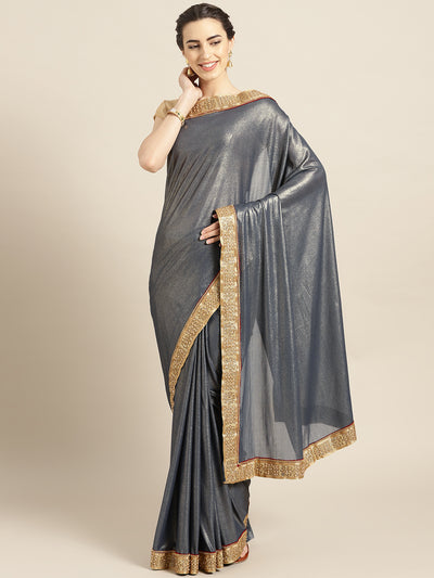 Chhabra 555 Grey Stretch georgette Saree with Pearl and Crystal Embellished border