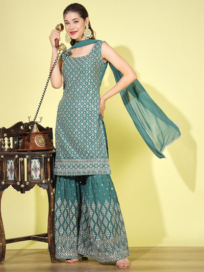 Chhabra 555 Made-to-Measure Teal Green Sequence & Zari Embroidered Embellished Kurta Sharara With Dupatta Set 