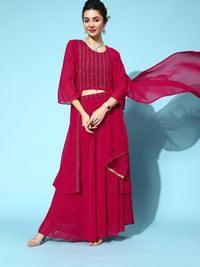 Chhabra 555 Made to Measure Burgundy Cutdana Embellished High Low Top with Flared Skirt & Dupatta