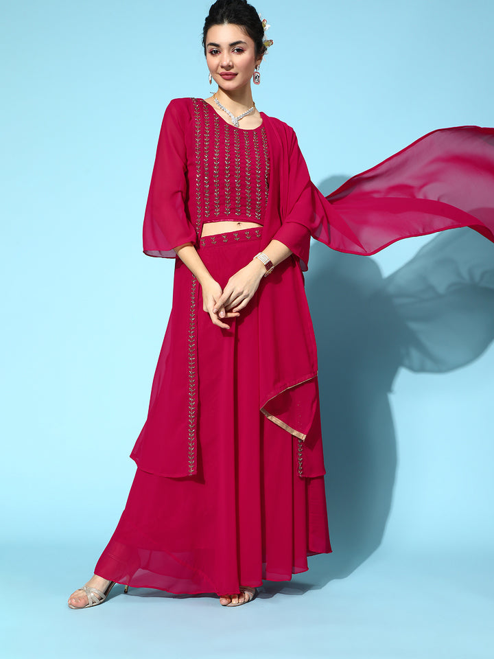 Chhabra 555 Made to Measure Burgundy Cutdana Embellished High Low Top with Flared Skirt & Dupatta
