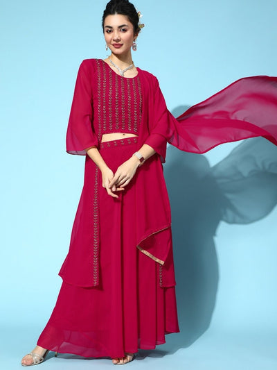 Chhabra 555 Made to Measure Burgundy High Low Kurta with Flared Skirt & Cutdana Embroidery