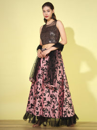 Chhabra 555 Black Sequinned Crop-Top Lehenga Set with Sheer Net shoulders & Pleated Hemline
