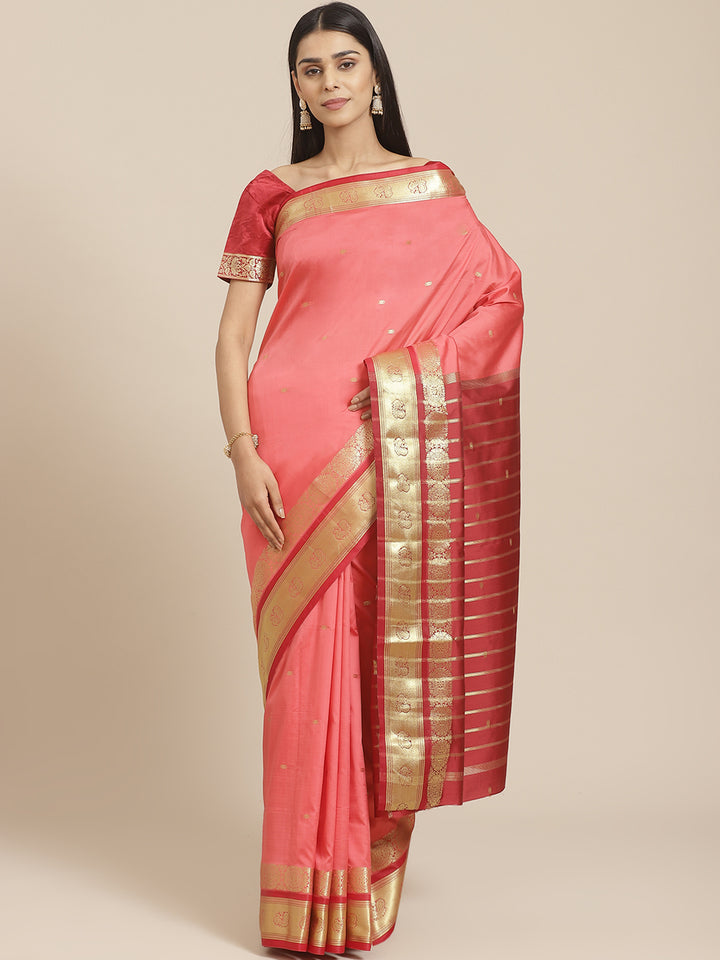 Kanjiwaram Dupion Silk Saree with Ethnic Weaving Broad Peacock Border and Contrast Pallu