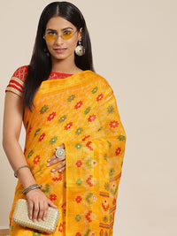 Chhabra 555 Mustard Abstract Geometrical Tribal Printed Chanderi Silk Saree Embellished With Mirror Work