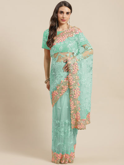 Chhabra 555 Pastel Net Zari & Resham Floral Embroidery Saree With Crystal & Scalloped Cutwork Border