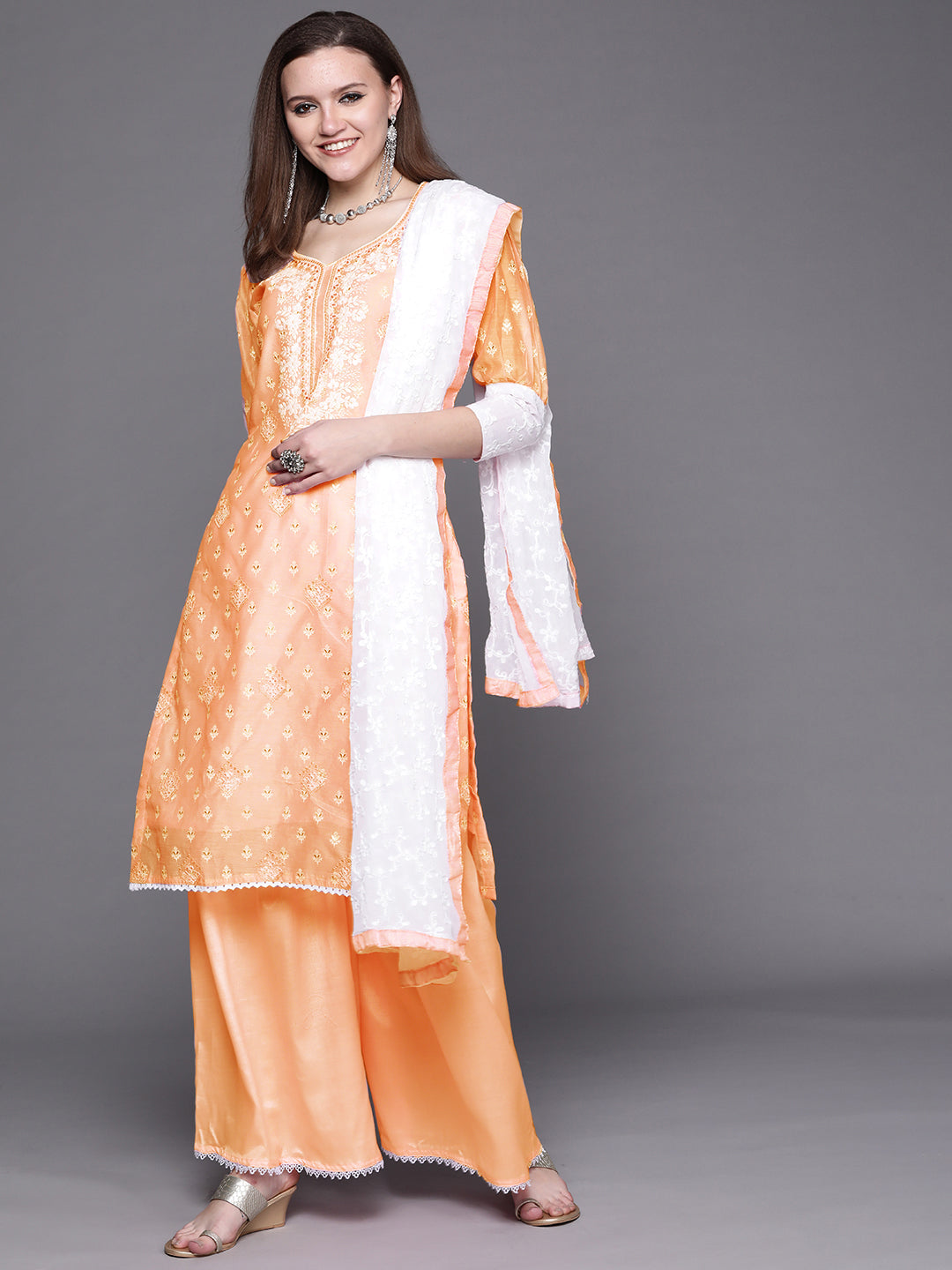 Chhabra 555 Chanderi Chikankari Sharara Suit with Resham Schiffli Embroidery & Chiffon Dupatta