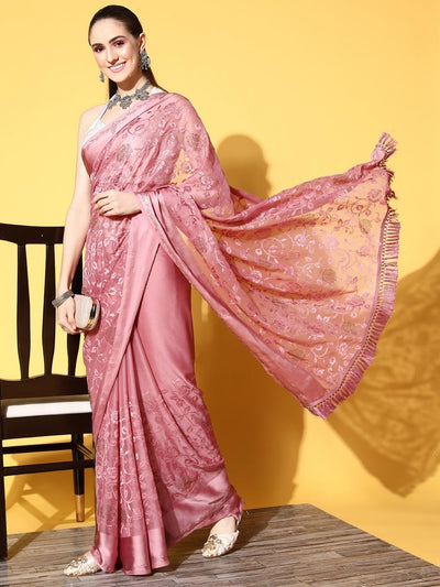 Chhabra 555 Mauve Pink Crystal Studded Saree with Resham Embroidered Floral motifs and Fringed Pallu