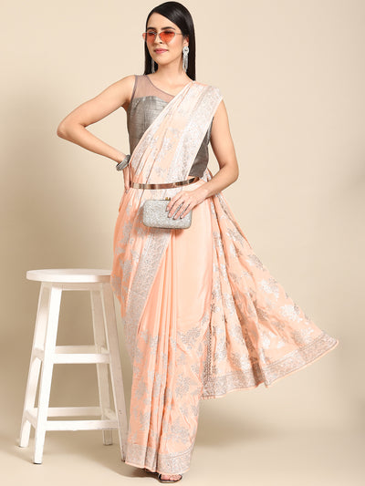 Chhabra 555 Peach Crepe Silver Zari Floral Zaal Embroidery & Stone Embellished Glamourous Saree
