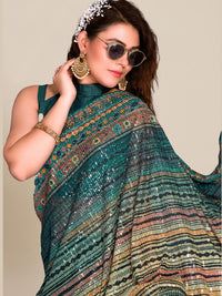 Chhabra 555 Striped Digital Print Saree with Allover Sequin Embroidery on Flowy Stretch Georgette