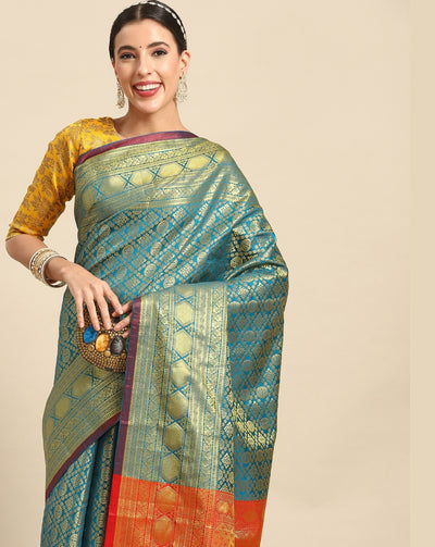 Chhabra 555 Teal Brocade Banarasi Gold Zari Embellished Silk Saree with Geometrical Garchola Design