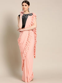 Draped Ruffled Lycra Pre-stitched Saree with Velvet Crystal Embellished Tassled Blouse
