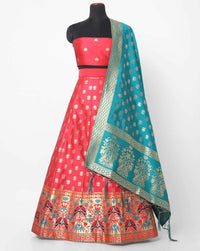 Chhabra 555 Semi-Stitched Pink Zari & Resham Handwoven Banarasi Brocade Peacock motif Lehenga Set